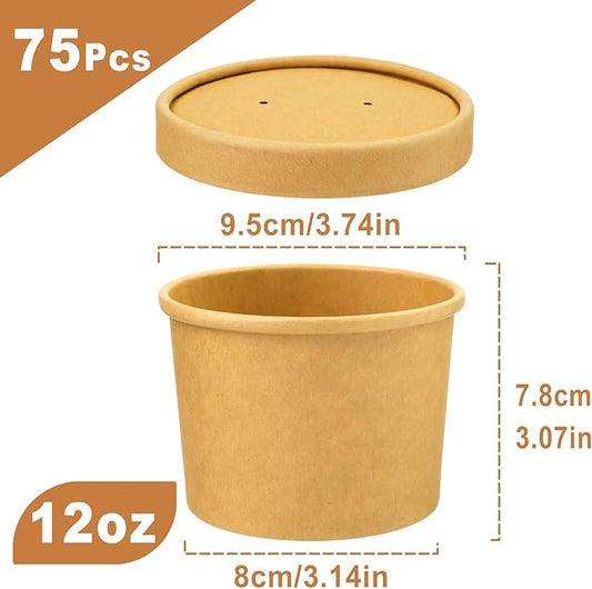 12 oz 75 Pack Paper Soup Containers with lids, Disposable Kraft Food Cups, Soup Cups Paper Ice Cream Cup, Dessert Cup, Yogurt Ice Cream Containers. Great For Restaurants, Take Outs, or To-Go Lunch