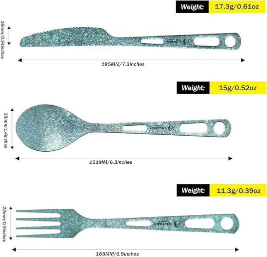Titanium 3 Piece Cutlery Set, Extra Strong Ultra-Lightweight Durable Knife Fork & Spoon Tableware for Outdoor Camping & Hiking, Comes with Drawstring Bag & Titanium Carabiner-Blue