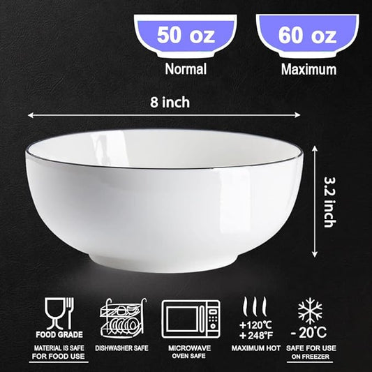Hesen 60 oz Large Soup Bowl, Pho Bowls, Large Ramen Bowl Set of 3, 8 in Off White Porcelain Big Bowls…