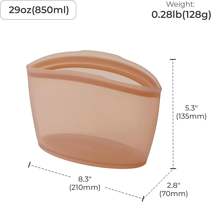 Platinum Silicone Food Grade Reusable Storage Bag, 3.6Cup Leak-Proof Airtight Seal, BPA-Free, Microwave, Freezer & Dishwasher Safe, Heat Resistant Sous Vide,Silicone Snack Bags, Taupe Brown