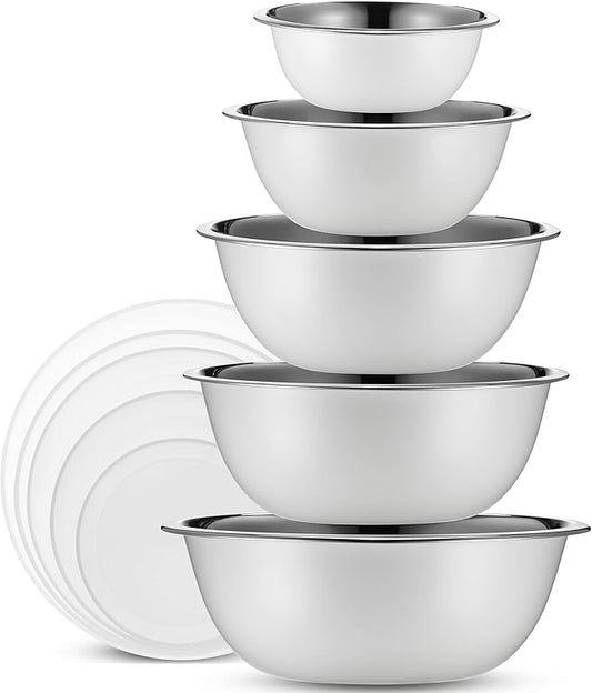 WHYSKO Stainless Steel Mixing Bowl Set, 10 Piece Stainless Steel Mixing Bowls with Lids Set for Food Prep Storage and Serving, Dishwasher Safe Microwave Safe for Kitchen Baking Cooking, White