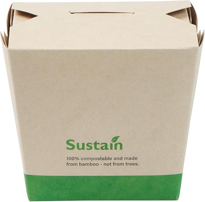 Restaurantware Sustain 16 Ounce Sturdy Paper Take Out Boxes, 50 Disposable Take Out Food Containers - With PLA lining, Compostable, Bamboo Paper Containers, Built-In Tab-Lock Cover, Greaseproof