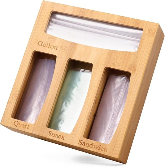 Premium Quality Solid Bamboo One Piece Plastic Bags Organizer, Food Storage Bag Dispenser for Kitchen Drawer, Bamboo Plastic Bag Organizer, Home Organization for Gallon Quart Snack Sandwich Bags
