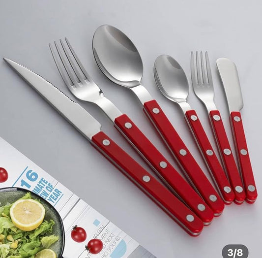 Silverware Set 6 pieces Stainless Steel Cutlery Set Color Handle with Rivet/Retro Style Flatware - Dinner Knife, Dinner Fork, Salad Fork,Soup Spoon,Teaspoon, Spreader (Red), Regular