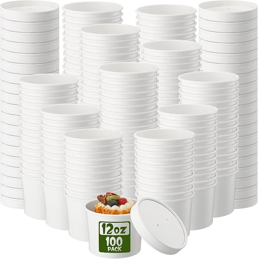 Fulmoon 100 Pack Paper Soup Containers with Lids Disposable Paper Food Containers with Vented Lids Kraft Ice Cream Bowls Soup Cup Ice Cream Cups for Restaurants(12 oz,White)