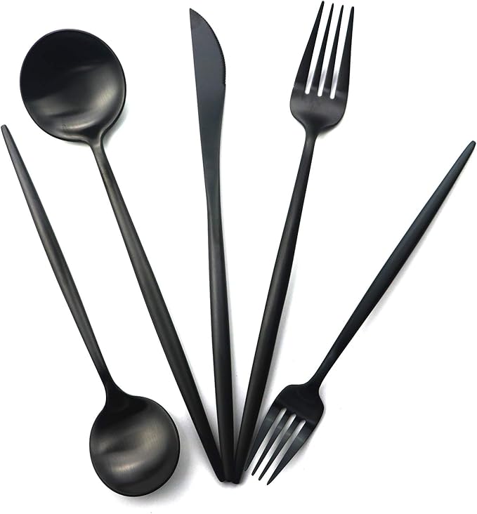 24-Piece Matte Black Handle 18/10 Stainless Steel Silverware Set, Titanium Black Cutlery, Flatware Set for Home & Restaurant, Dishwasher Safe