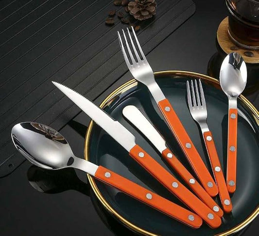 Silverware Set 6 pieces Stainless Steel Cutlery Set Color Handle with Rivet/Retro Style Flatware - Dinner Knife, Dinner Fork, Salad Fork,Soup Spoon,Teaspoon, Spreader (Orange), Regular