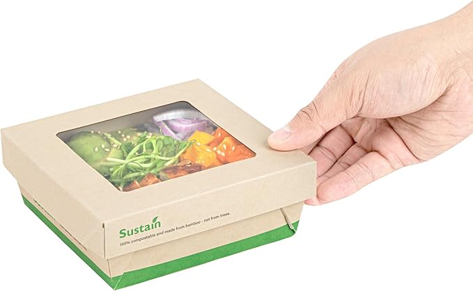Restaurantware-27 Ounce Sturdy Paper Take Out Boxes, 200 Disposable Take Out Food Containers - With PLA lining, Paper Lid With Clear PLA Window, Bamboo Paper Containers, Compostable, Greaseproof