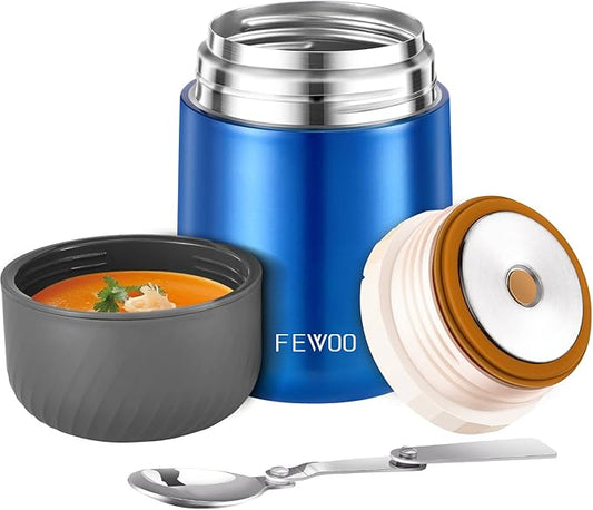 FEWOO Food Jar - 20oz Vacuum Insulated Soup Container, Stainless Steel Lunch Box for Kids Adult, with Folding Spoon for Hot or Cold Food (Bright Blue)