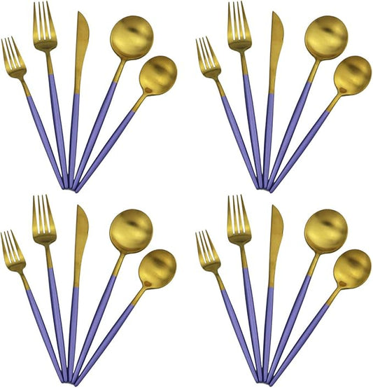 20-Piece 18/10 Stainless Steel Flatware Silverware, Luxury Dinnerware Set Travel Cutlery Tableware Include Knife Fork Spoon Service for 4, Dishwasher Safe (Purple Handle Matte Gold)