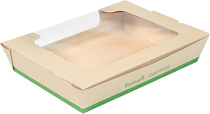 Restaurantware-Sustain 40 Ounce Sturdy Paper Take Out Boxes, 50 Disposable Take Out Food Containers - With PLA lining, Clear PLA Window, Bamboo Paper Containers, Compostable, Tab-Lock Design