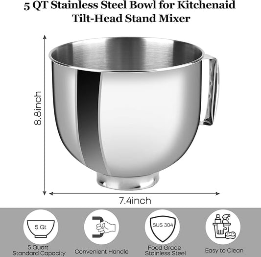 Stainless Steel Bowl Compatible with Kitchenaid Mixer 4.5/5QT，5 Quart Stainless Bowl for Kitchen Aid Mixing