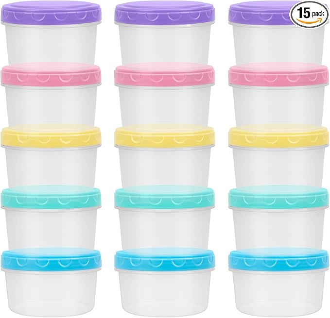 8 Oz Plastic Containers with Lids, 15 Pack 1-Cup Reusable Small Freezer Storage Containers with Screw Top for Food Snack Portion Meal Prep, Ultra Thick, Microwave Freezer Dishwasher Safe, 5 Colors