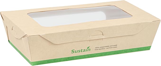 Restaurantware-Sustain 35 Ounce Sturdy Paper Take Out Boxes, 50 Disposable Take Out Food Containers - With PLA lining, Two Clear PLA Windows, Bamboo Paper Containers, Compostable, Tab-Lock Design