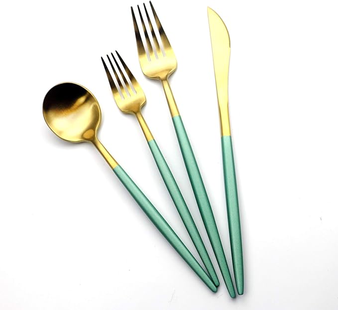Green Gold Flatware, Royal 20 Pieces Matte White Handle 18/10 Stainless Steel Tableware Sets for 4 Including Forks Spoons Knives, Camping Silverware Travel Utensils Set Cutlery (Green Gold)