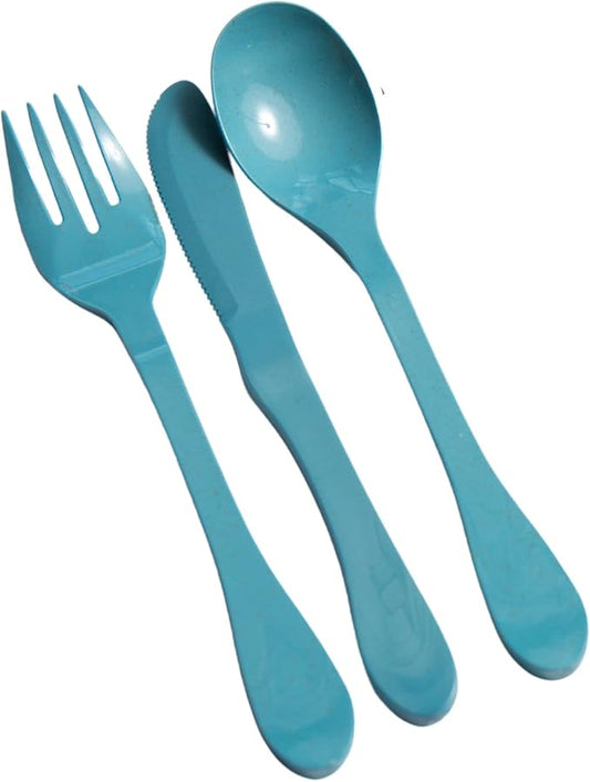KNORK Eco 24 Piece (Fork, Knife, Spoon) Plant Based Cutlery Bamboo Reusable Flatware Set, Blue