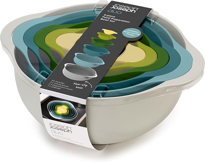 Joseph Joseph Duo 6-Piece Compact Food Preparation Set with Mixing Bowls, Measuring Cups and Colander, Multicolour