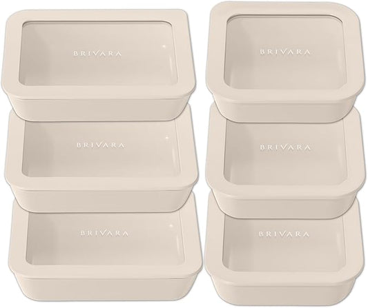 Ceramic Coated Glass Food Storage Container | No PTFE, PFOA, PFAS, and BPA | Reusable Non Toxic Meal Prep Container with Glass Lid | Easy To Store | 6 Piece Food Prep [Crema]