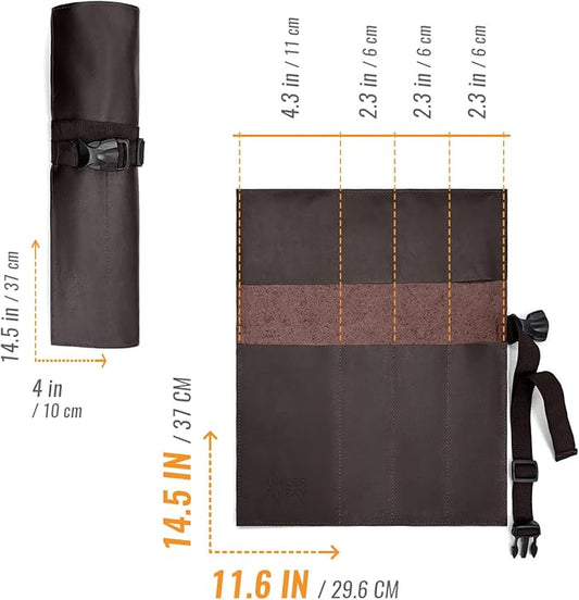 Under NY Sky Genuine Leather Knife Roll Case - 4 Slots - Real Leather Pouch - Portable Bag for Cooking Tools, Utensils, Cutlery Knives, Brushes - Chefs, Kitchen, Travel, Gift - Brown L