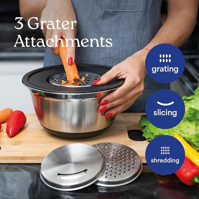 WHYSKO® Stainless Steel Mixing Bowls With Lids Plus Stainless Steel Whisk, Potato Masher and Grater Lids, 5 Nesting Mixing Bowls And Kitchen Tools for Meal Prep, Cooking, Baking, Serving, Food Storage