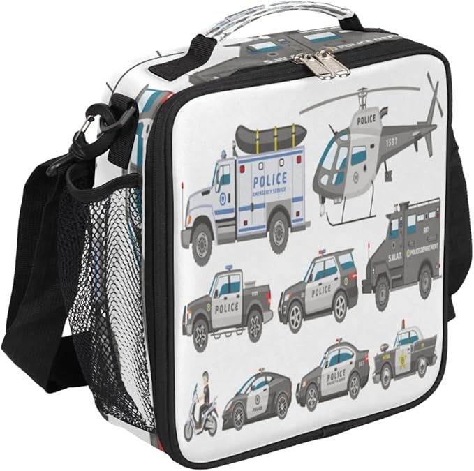 Police Car Lunch Box Kids Insulated Lunch Bag for Boys Girls, Reusable Waterproof Lunch Box with Adjustable Shoulder Strap Cooler Tote Bag for School, Work, Picnic