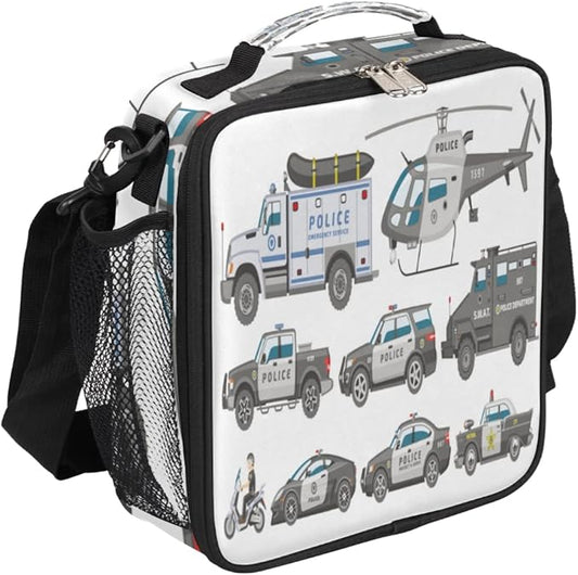 Police Car Lunch Box Kids Insulated Lunch Bag for Boys Girls, Reusable Waterproof Lunch Box with Adjustable Shoulder Strap Cooler Tote Bag for School, Work, Picnic