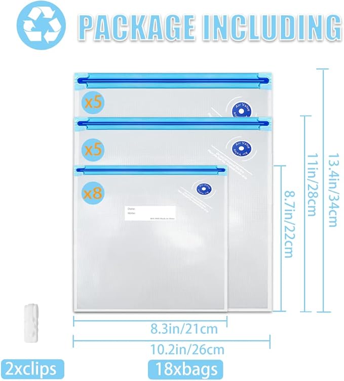 Sous Vide Bags 3 Size 18pcs BPA Free Reusable Vacuum Zipper Sealer Bags for Food Storage,Meal Prep，Sous Vide Cooking,with 2 Sealing Clips for Anova and Joule Cookers