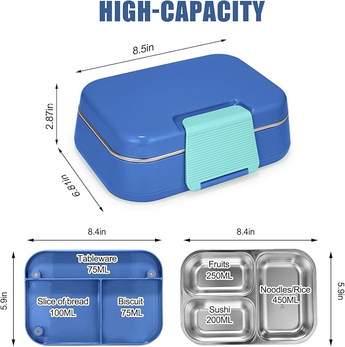 Stainless Steel Lunch Box Leakproof 1000ml Bento Box with 3-Compartment Removable Tray, Eco-Friendly Food Container for Kids & Adults, Office, Travel, BPA Free (Blue)