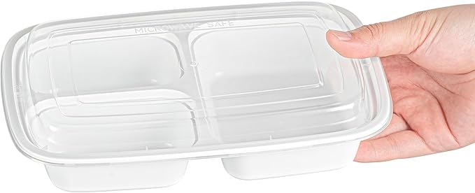 Restaurantware Asporto 26 Ounce Compartment Take Out Boxes, 50 Microwavable Meal Prep Containers - 3 Compartments, With Clear Plastic Lids, White Plastic Food Containers, Do Not Contain BPA