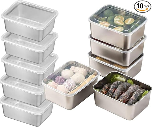 10-Pcs Stainless Steel Leak-Proof Snack Boxs with Lids - Kitchen Seasoning Containers, Restaurant Prep food Bowls - Portable & Easy to Clean (500ML)