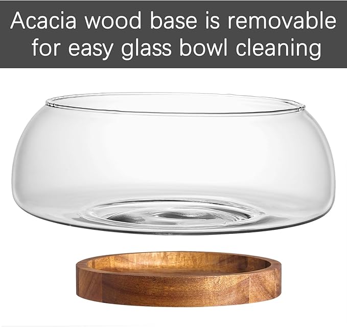 Large Glass Salad Bowl Set with Acacia Wood Base and Salad Serving Utensils, Salad Servers for Party, Fruits, Popcorn, Chips, Pasta, Kitchen Must-Have