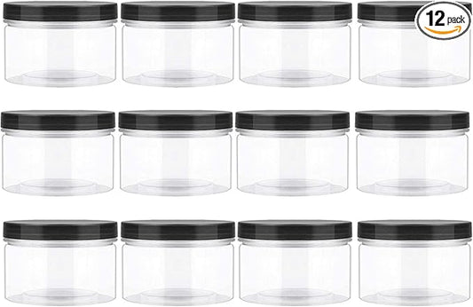 11.5oz (340 ml) Empty Clear Wide Mouth Plastic Jars with Smooth Black Lids and Labels (12 Pack) – PET Containers Great for Cream,Cosmetics,Slime Storage Jars –BPA Free