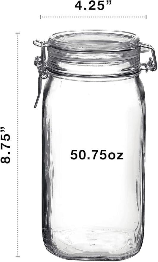 Bormioli Rocco Fido Wide Mouth Squared Glass Jar with Airtight Gasket Clamp Lid for Canning and Food Storage, Clear Top, 50.75 oz.