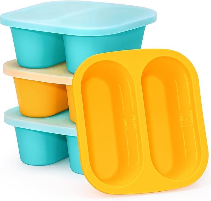 Mossime Silicone Soup Freezer Molds: 1 Cup Silicone Freezer Trays with Lid - 4 Packs Easy Release Soup Freezer Containers - 250ml 125ml Portion Large Cubes for Ice Soup (4, Blue/Yellow)
