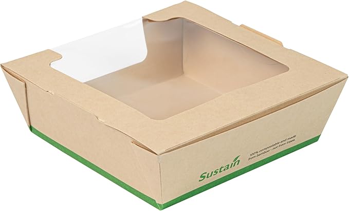 Restaurantware-Sustain 26 Ounce Sturdy Paper Take Out Boxes, 50 Disposable Take Out Food Containers - With PLA lining, Clear PLA Window, Bamboo Paper Containers, Compostable, Tab-Lock Design