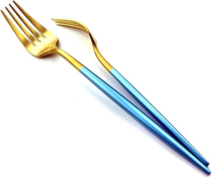 20 Pieces Matte Gold Blue Handle 18/10 Stainless Steel Silverware Set, Flatware Set Titanium Black Cutlery Set, Utensils Set for Home Restaurant Service Set for 4, Dishwasher Safe (Blue Gold)