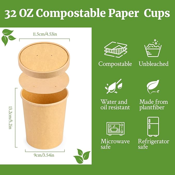 32 Oz Compostable Paper Soup Cups, 25 Pack Kraft Heavy Duty Cups, Disposable Paper Soup Containers with Vented Lids, Microwave Safe Party Cups, Eco Friendly Alternative to Plastic Containers