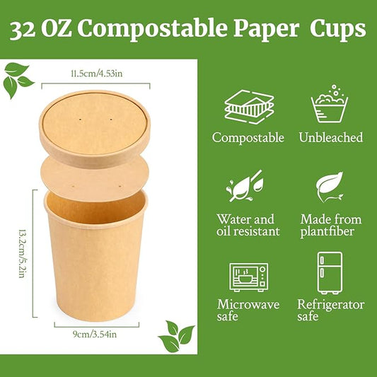 32 Oz Compostable Paper Soup Cups, 25 Pack Kraft Heavy Duty Cups, Disposable Paper Soup Containers with Vented Lids, Microwave Safe Party Cups, Eco Friendly Alternative to Plastic Containers