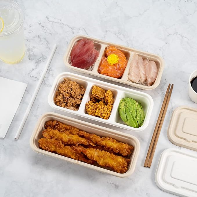 Restaurantware Pulp Tek 9.2 x 3.8 x 1.8 Inch Takeaway Food Boxes 100 Microwavable Take Out Containers - Lids Sold Separately Freezable White Bagasse Catering Food Containers 3 Compartments