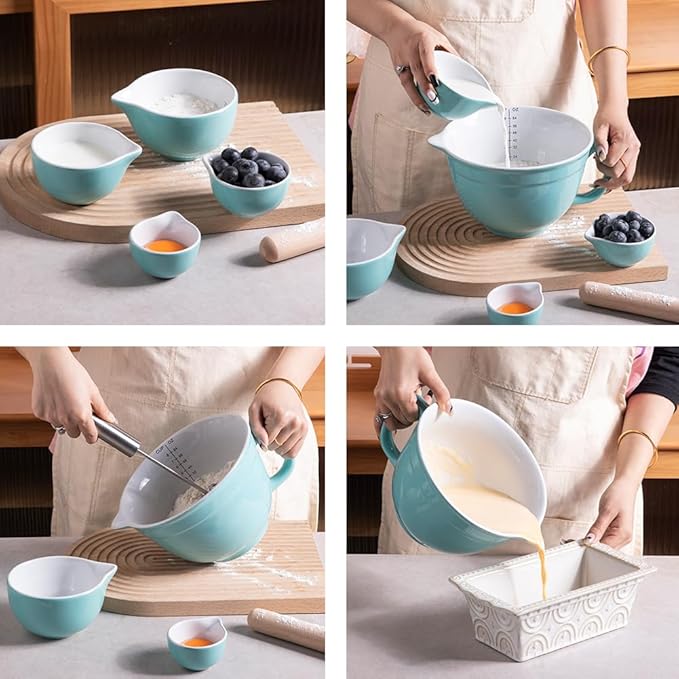Sweejar Porcelain Mixing Bowl with Scale, Ceramic Serving Container for Kitchen, Nesting Bowl with Handle, Using for Baking, Prepping, Cooking, Set of 5 (Turquoise)