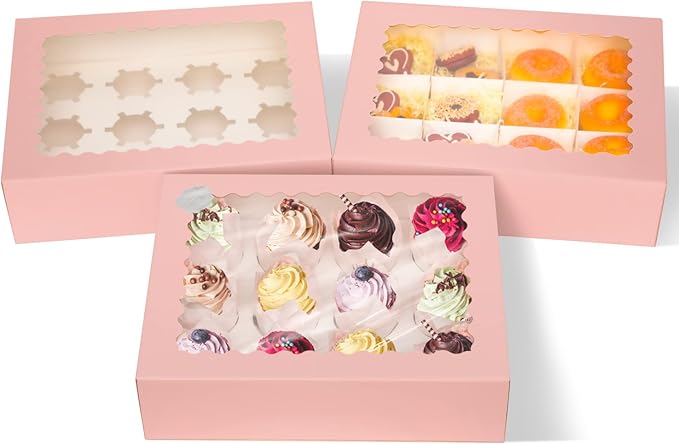 qiqee Pink 12 Cupcake Boxes with Window 21-Packs Cupcake Box 13"x10"x3.5" Cupcakes Carrier, 12 Cupcake Containers