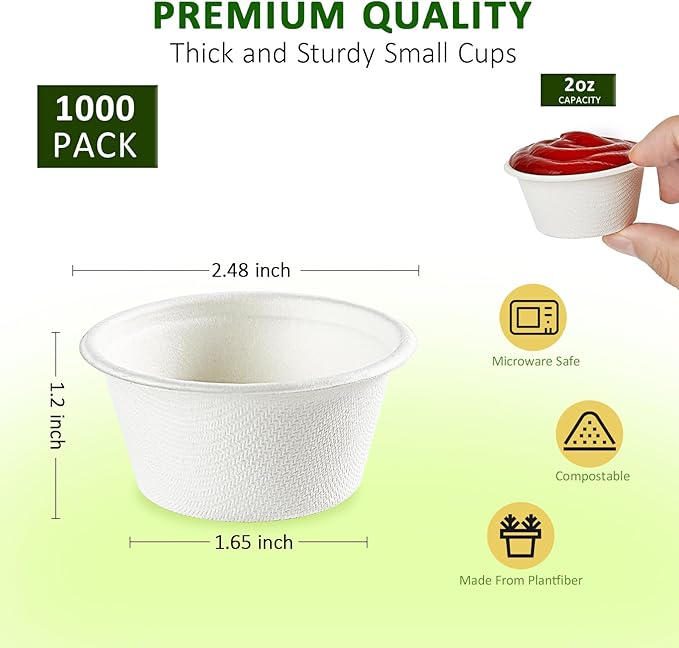 Vplus 1000 Pack 2 OZ Disposable Souffle Cups, 100% Compostable Portion Cups, Food Sample Cups Made From Bagasse Fibe, Perfect For Dips, Jams, Honey, Sauces, Nuts