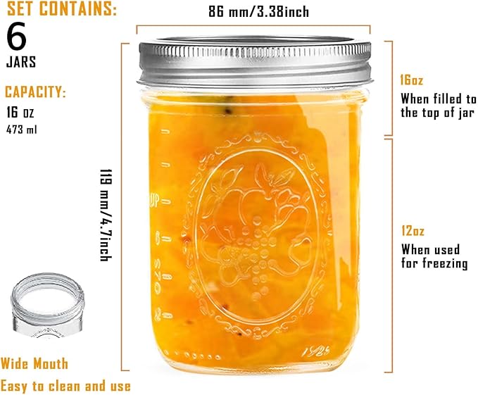 Wide Mouth Mason Jars 16 oz with Lids [6 Pack], Canning Jars with Metal Airtight Lids and Bands, 16 oz Glass Jars for Fermenting, Pickling, Freezing, Preserving, Meal Prep, Jar Décor