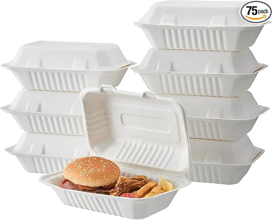 [9X6 1-Compartment 75-Pack Bio Natural Clamshell Take Out Food Containers with Lids, Disposable Bagasse Togo Plates, Eco-Friendly Biodegradable Made of Sugar Cane Fibers