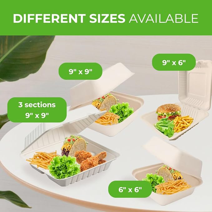 100 Pack Bagasse Clamshell Take Out Containers 9x9 | 3 Section | Heavy Duty To Go Clamshell Food Containers | Planet-Friendly and Compostable Bagasse Take Out Containers for Hot & Cold Food