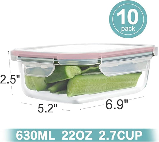 HOMBERKING 10 Pack 22oz Glass Meal Prep Containers, Glass Food Storage Containers with Lids, Airtight Glass Lunch Bento Boxes, BPA-Free & Leak Proof (10 lids & 10 Containers) - Pink