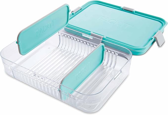 PackIt Mod Large Bento Food Storage Container, Mint, Shatterproof Crystal Clear Base, with Leak-resistant Dividers, Lid, Microwavable, Dishwasher Safe, Designed for Storing Large Meals and Leftovers