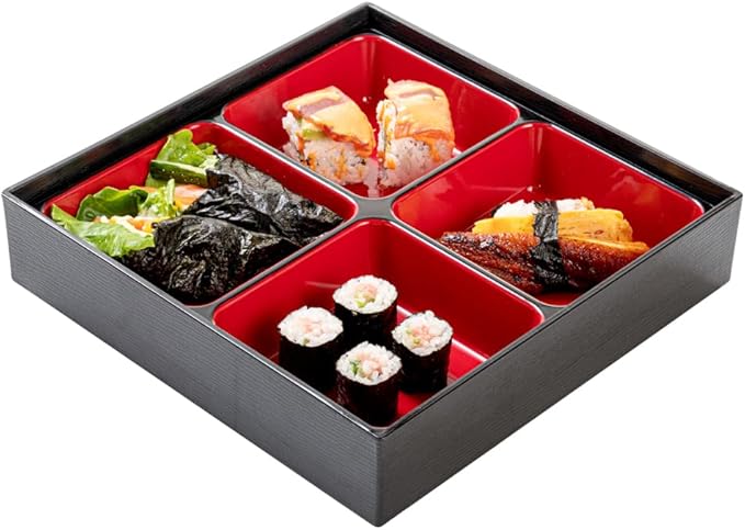 Restaurantware-10 x 2.4 Inch Compartment Lunch Container, 1 Japanese Style Adult Lunch Container - With 4 Compartments, Greaseproof, Black & Red Plastic Divided Lunch Box, For Hot & Cold Food