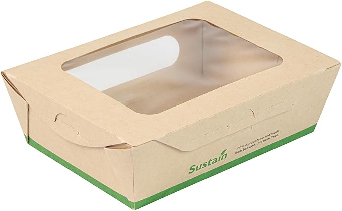 Restaurantware-Sustain 28 Ounce Sturdy Paper Take Out Boxes, 50 Disposable Take Out Food Containers - With PLA lining, Two Clear PLA Windows, Bamboo Paper Containers, Compostable, Tab-Lock Design