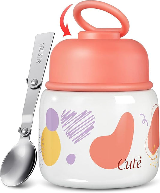 KTKUDY 17 oz Thermo for Hot Food - Stainless Steel Insulated Food Jar with Folding Spoon - Wide Mouth Soup Thermos for Kids & Adults - Thermal Lunch Container - Keeps Hot 12H / Cold 20H